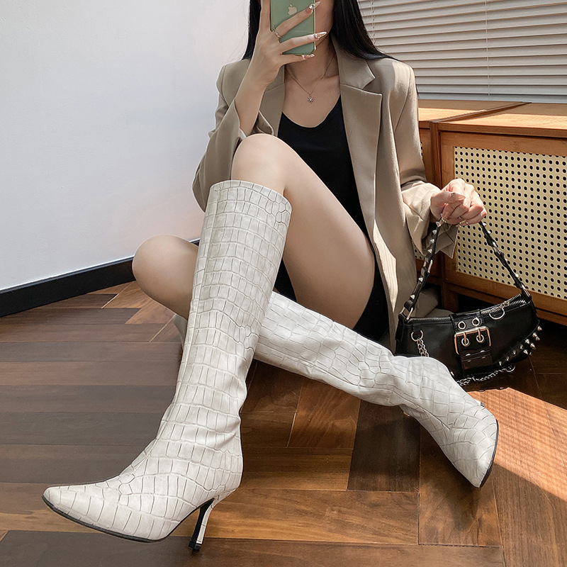 Crocodile print square toe high heel knight boots 2