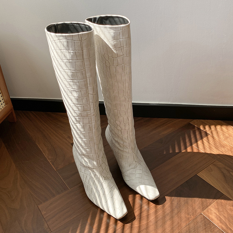 Crocodile print square toe high heel knight boots 2