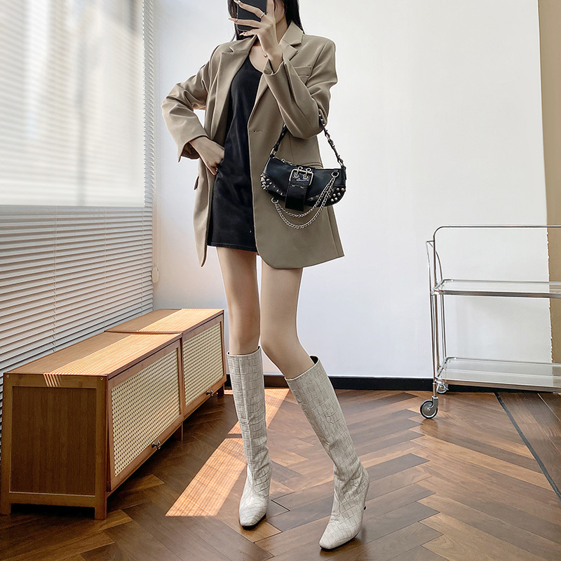 Crocodile print square toe high heel slim boots 3