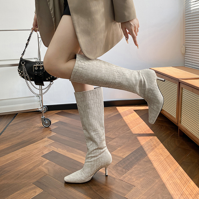 Crocodile print square toe high heel slim boots 3 01