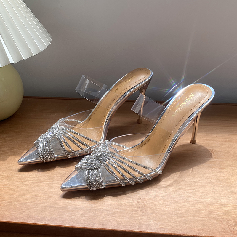 Pointed stiletto heel rhinestone transparent sandals 19