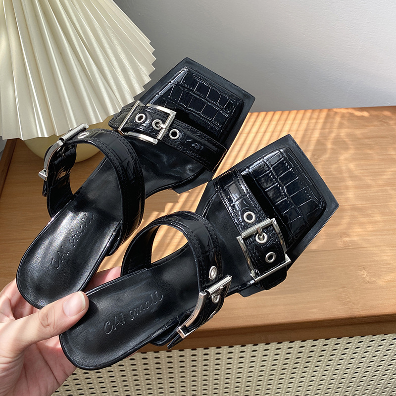 Black high-end stiletto buckle sandals 27
