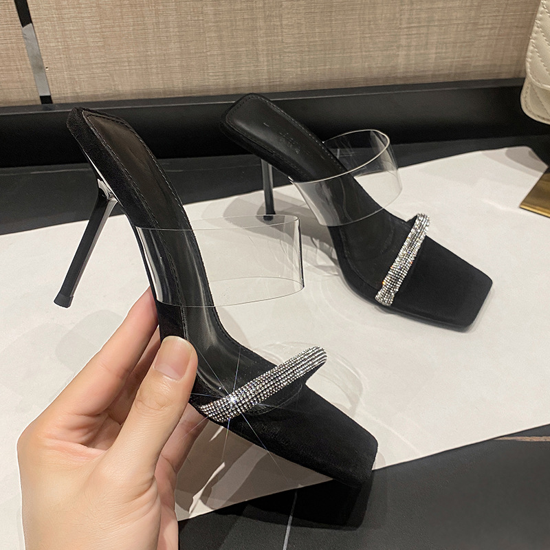 Rhinestones one-strap high heels transparent 35