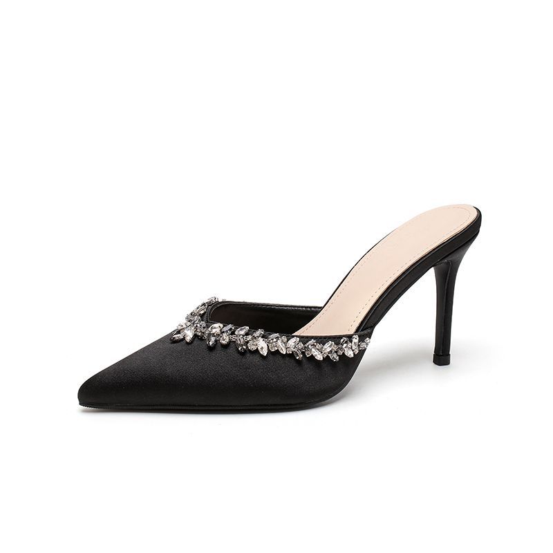 Black satin pointed rhinestone high heels 84