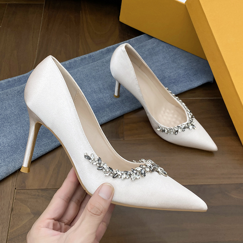 Champagne pointed toe rhinestone trimmed pumps 69