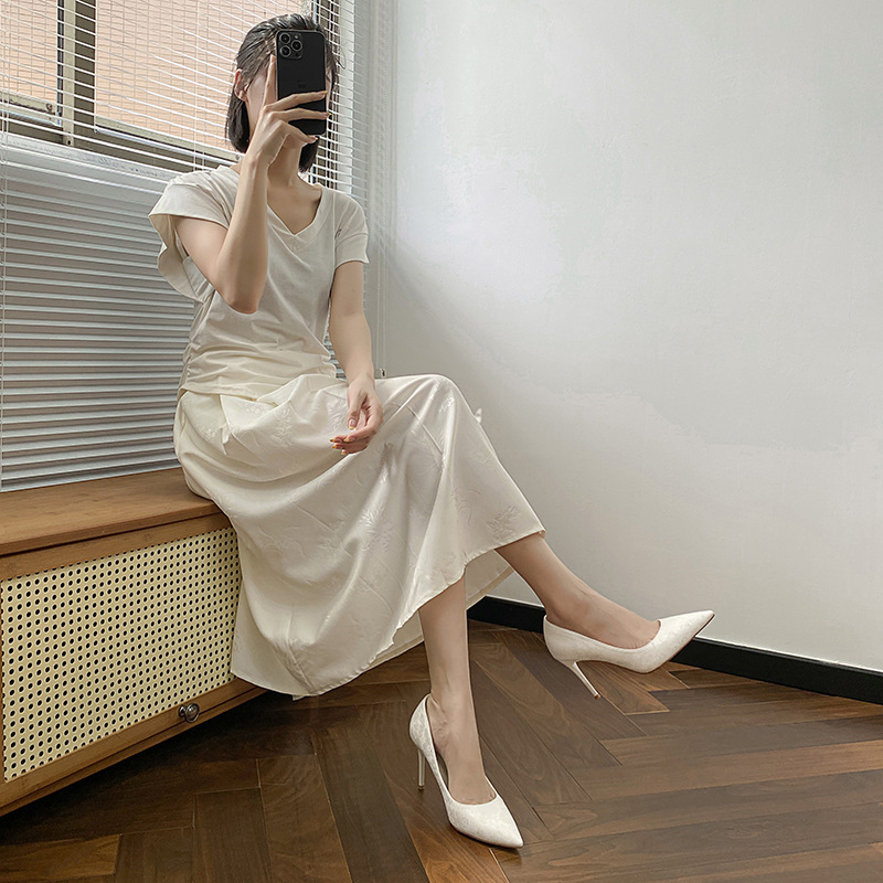Jacquard satin white pointed shoes 78