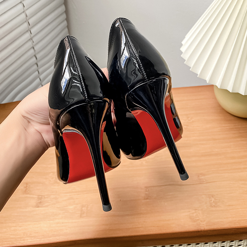 Patent leather black stiletto pointed toe red bottom shoes 62
