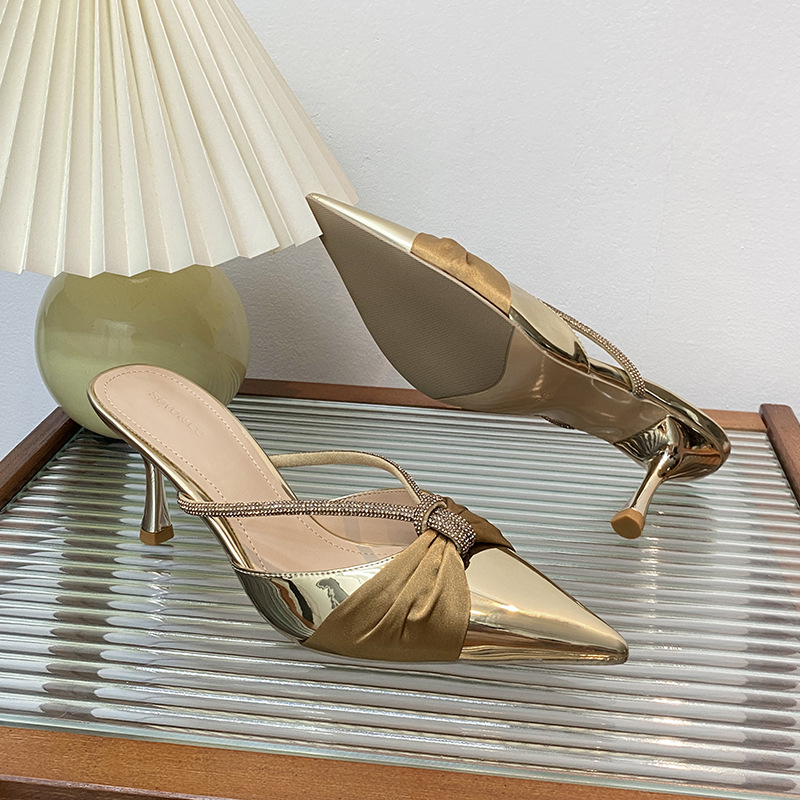 Satin pointed toe rhinestone high-heeled slippers 91 02