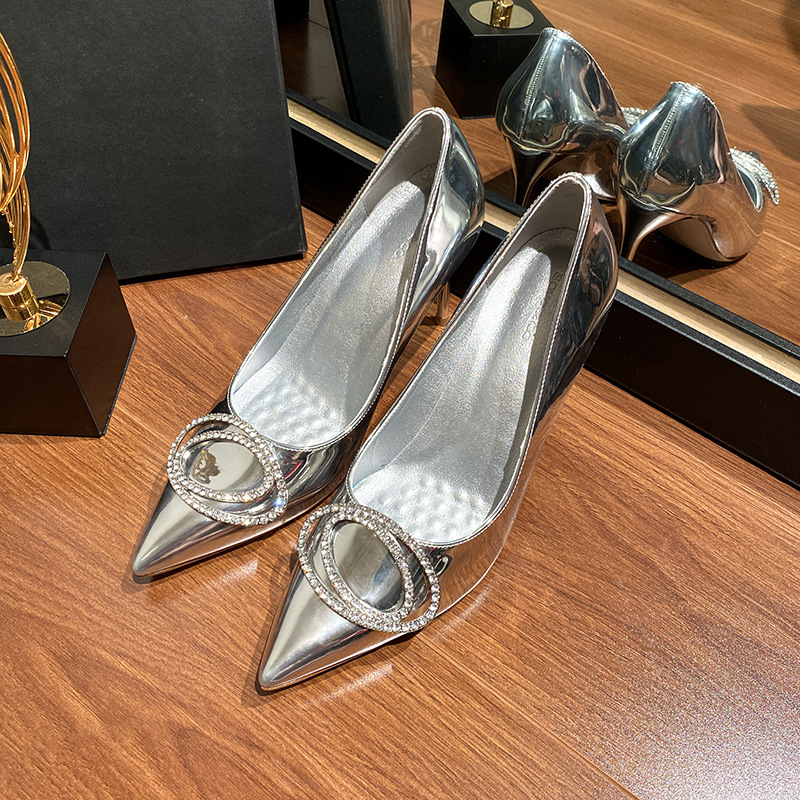 Silver pointed rhinestone button elegant shoes 79