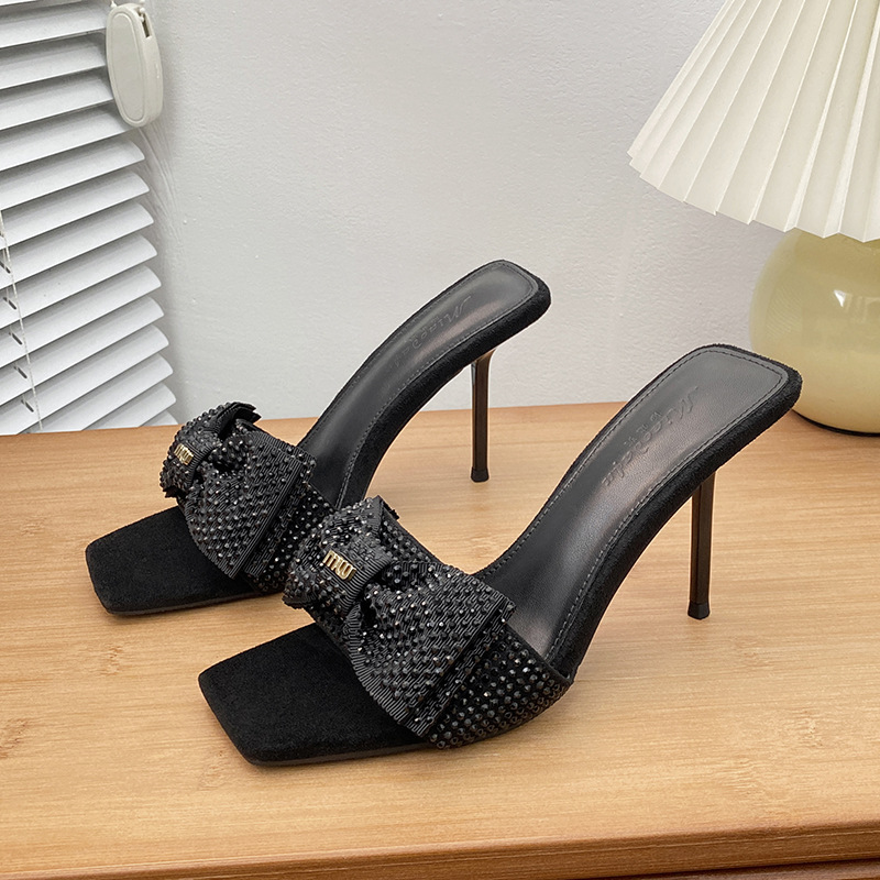 Rhinestone strap black bow half slippers 98